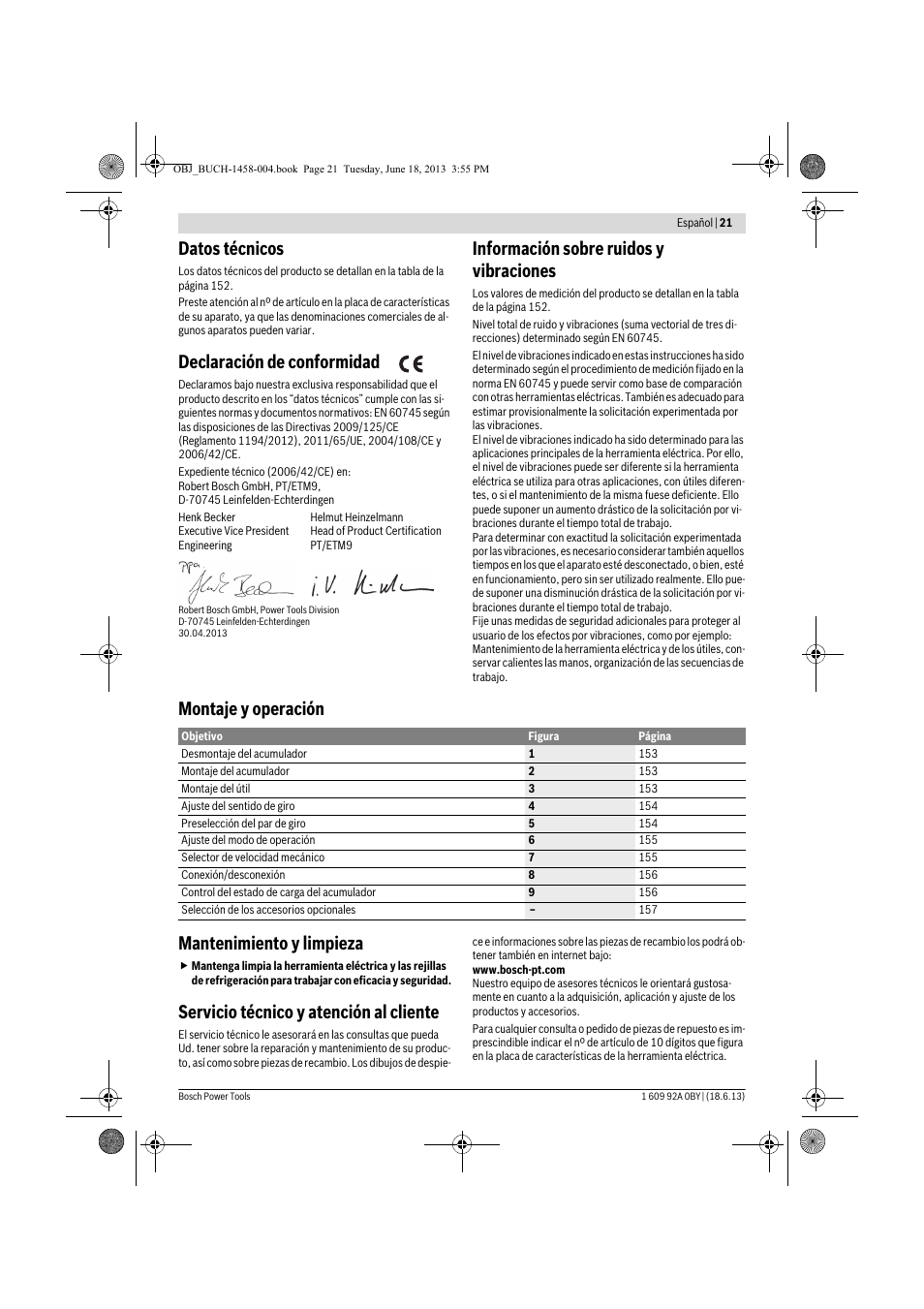 Datos técnicos, Declaración de conformidad, Información sobre ruidos y vibraciones | Montaje y operación mantenimiento y limpieza, Servicio técnico y atención al cliente | Bosch GSB 10,8-2-LI Professional User Manual | Page 21 / 157