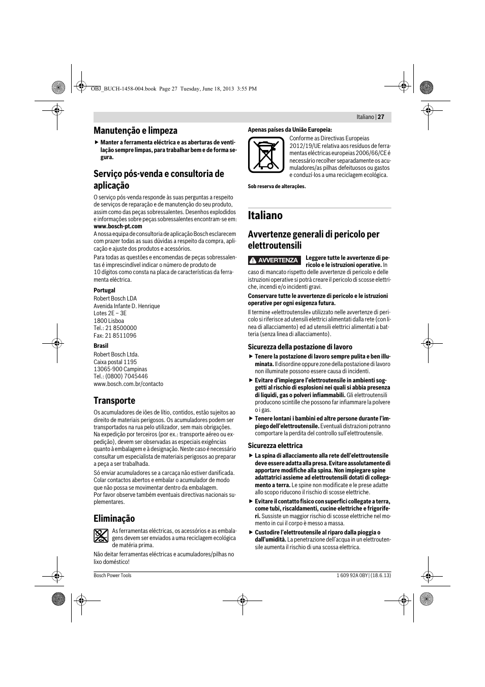 Italiano, Manutenção e limpeza, Serviço pós-venda e consultoria de aplicação | Transporte, Eliminação | Bosch GSB 10,8-2-LI Professional User Manual | Page 27 / 157