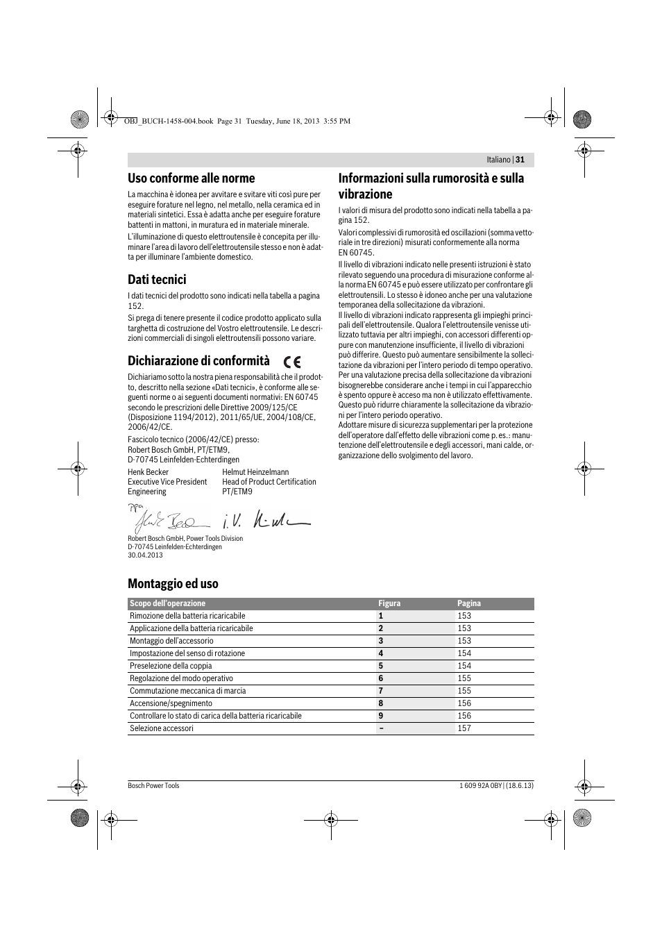 Uso conforme alle norme, Dati tecnici, Dichiarazione di conformità | Informazioni sulla rumorosità e sulla vibrazione, Montaggio ed uso | Bosch GSB 10,8-2-LI Professional User Manual | Page 31 / 157