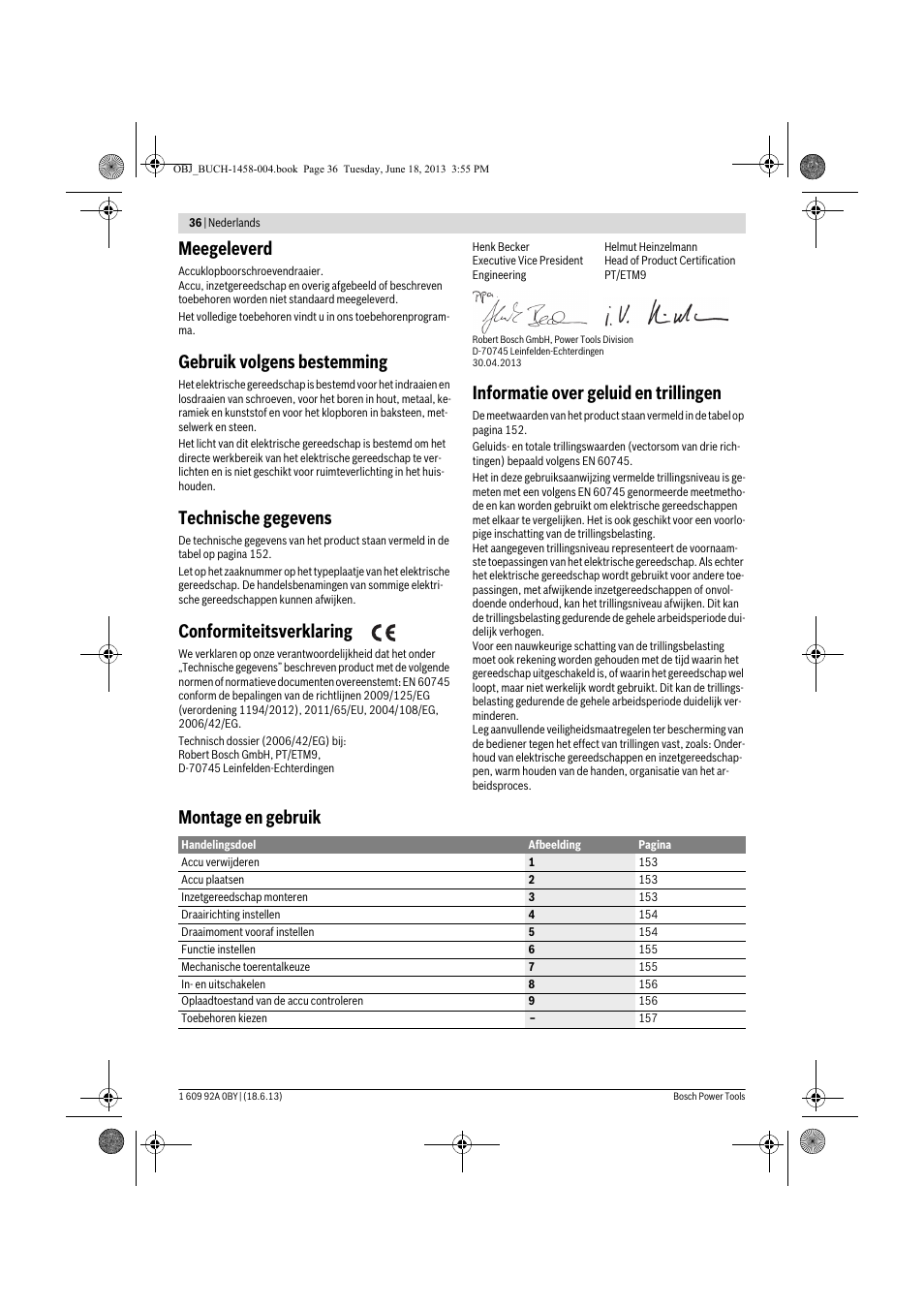 Meegeleverd, Gebruik volgens bestemming, Technische gegevens | Conformiteitsverklaring, Informatie over geluid en trillingen, Montage en gebruik | Bosch GSB 10,8-2-LI Professional User Manual | Page 36 / 157