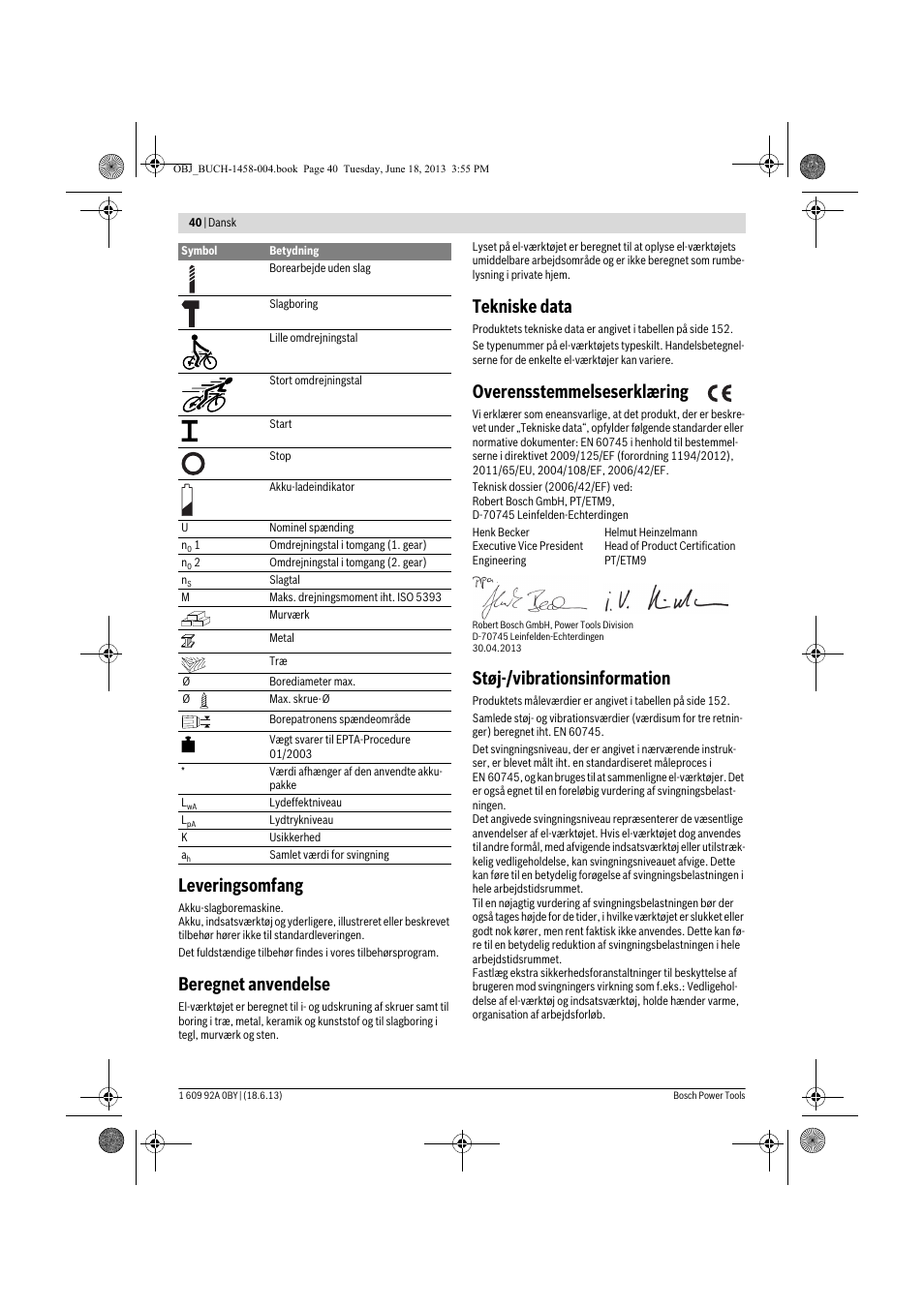 Leveringsomfang, Beregnet anvendelse, Tekniske data | Overensstemmelseserklæring, Støj-/vibrationsinformation | Bosch GSB 10,8-2-LI Professional User Manual | Page 40 / 157