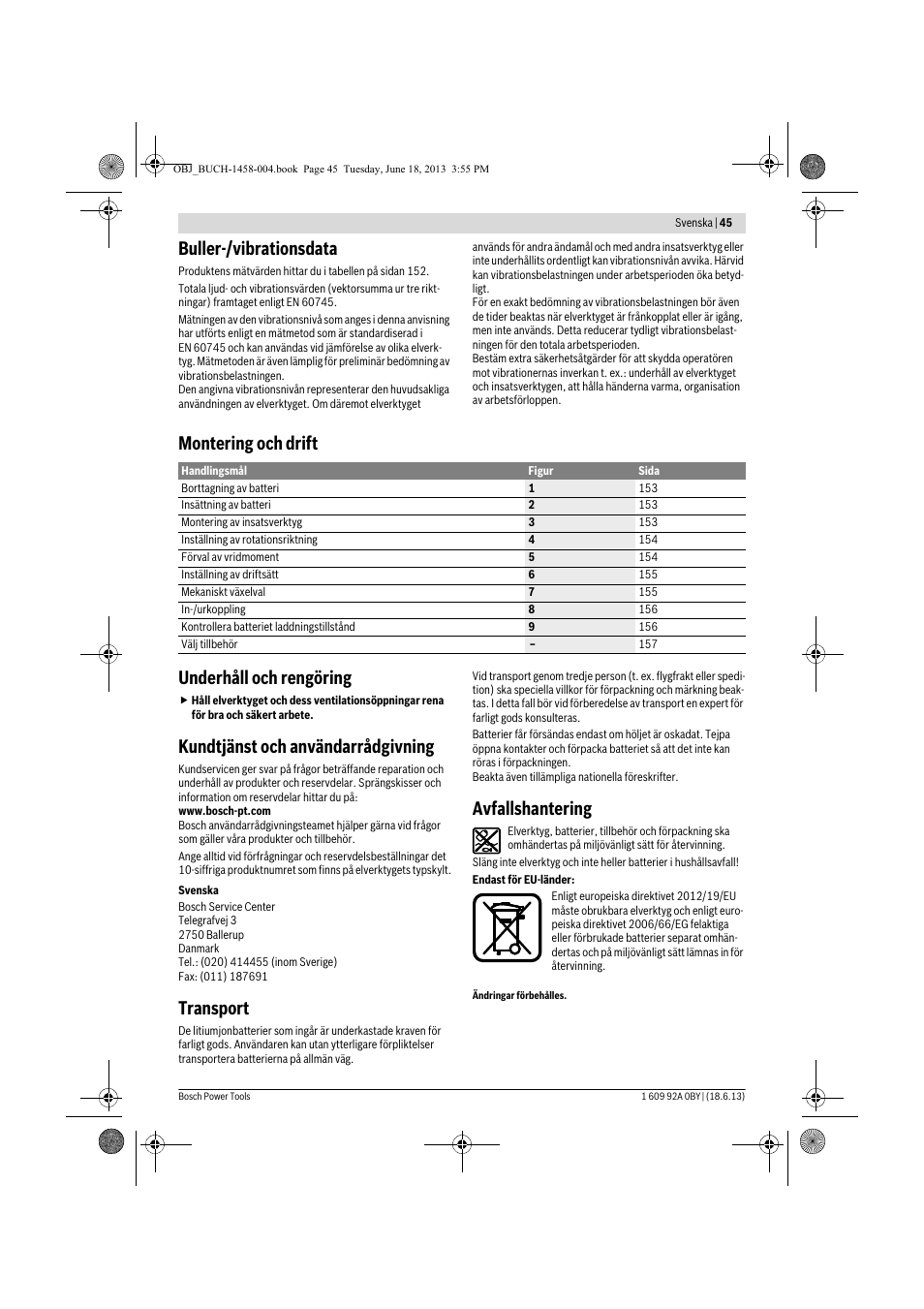 Buller-/vibrationsdata, Montering och drift underhåll och rengöring, Kundtjänst och användarrådgivning | Transport, Avfallshantering | Bosch GSB 10,8-2-LI Professional User Manual | Page 45 / 157