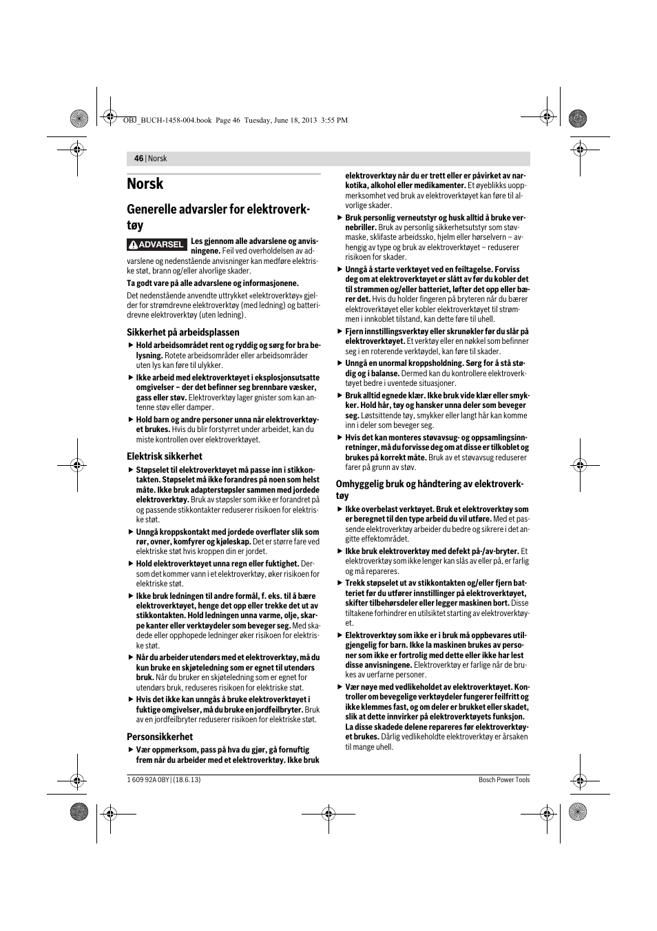 Norsk, Generelle advarsler for elektroverk- tøy | Bosch GSB 10,8-2-LI Professional User Manual | Page 46 / 157