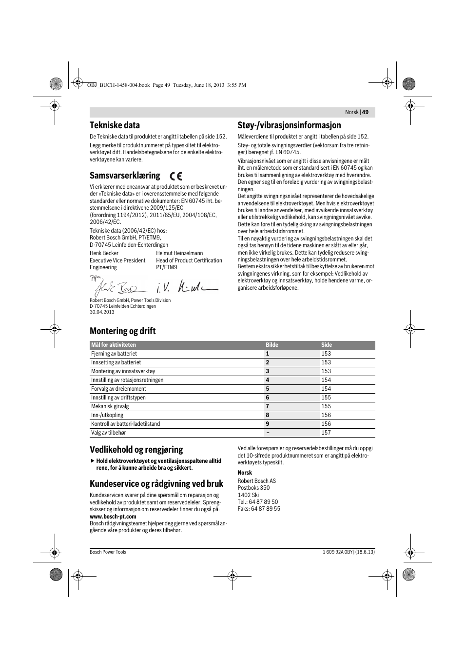 Tekniske data, Samsvarserklæring, Støy-/vibrasjonsinformasjon | Montering og drift vedlikehold og rengjøring, Kundeservice og rådgivning ved bruk | Bosch GSB 10,8-2-LI Professional User Manual | Page 49 / 157