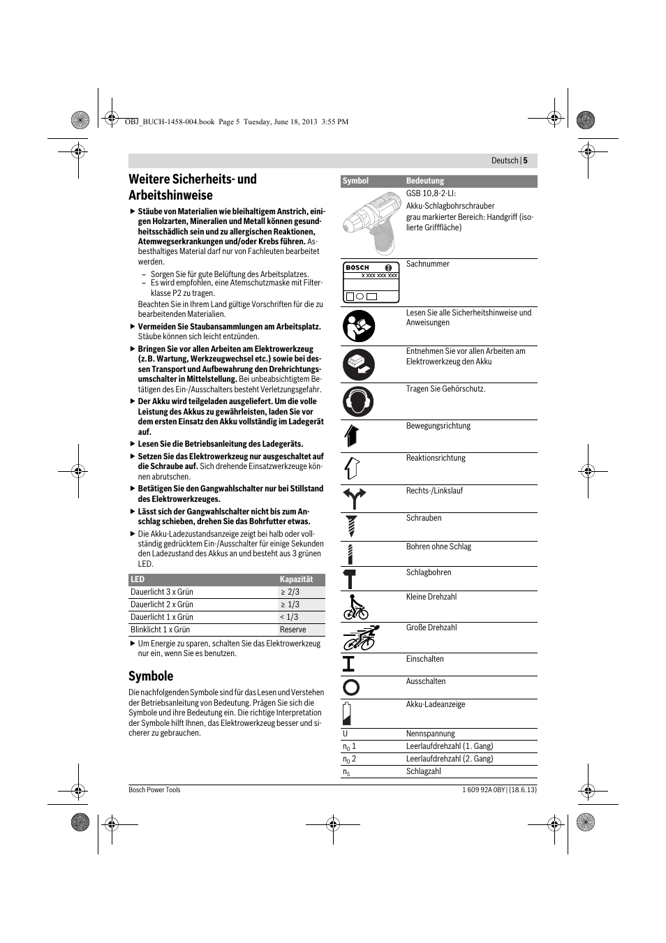 Weitere sicherheits- und arbeitshinweise, Symbole | Bosch GSB 10,8-2-LI Professional User Manual | Page 5 / 157