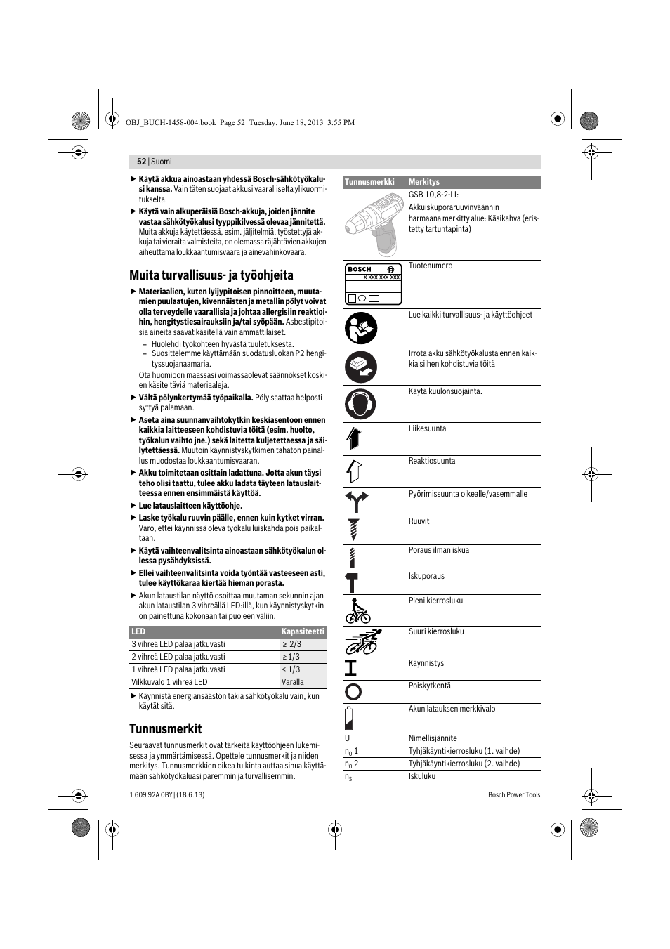 Muita turvallisuus- ja työohjeita, Tunnusmerkit | Bosch GSB 10,8-2-LI Professional User Manual | Page 52 / 157