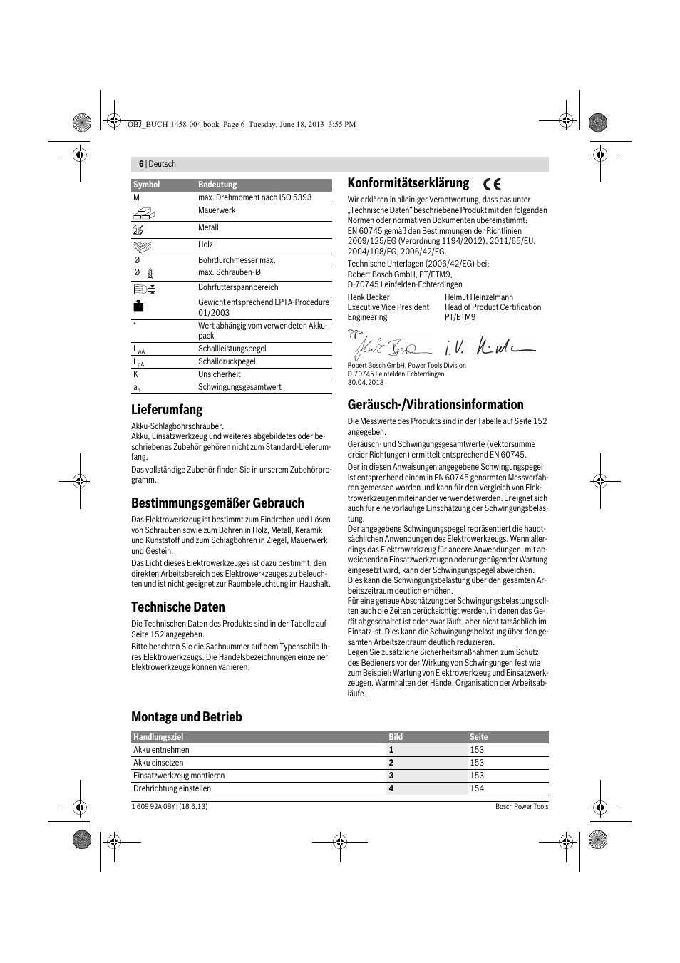 Lieferumfang, Bestimmungsgemäßer gebrauch, Technische daten | Konformitätserklärung, Geräusch-/vibrationsinformation, Montage und betrieb | Bosch GSB 10,8-2-LI Professional User Manual | Page 6 / 157