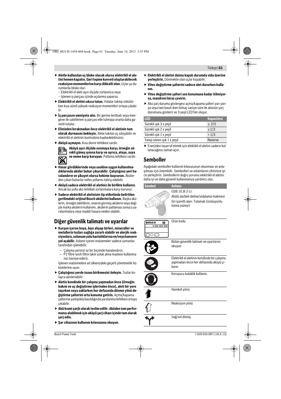 Diğer güvenlik talimatı ve uyarılar, Semboller | Bosch GSB 10,8-2-LI Professional User Manual | Page 61 / 157