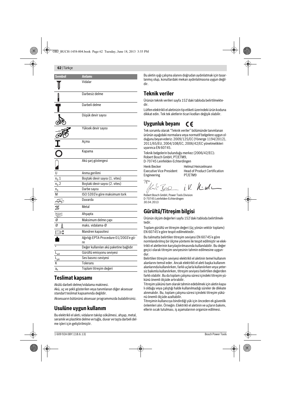 Teslimat kapsamı, Usulüne uygun kullanım, Teknik veriler | Uygunluk beyanı, Gürültü/titreşim bilgisi | Bosch GSB 10,8-2-LI Professional User Manual | Page 62 / 157