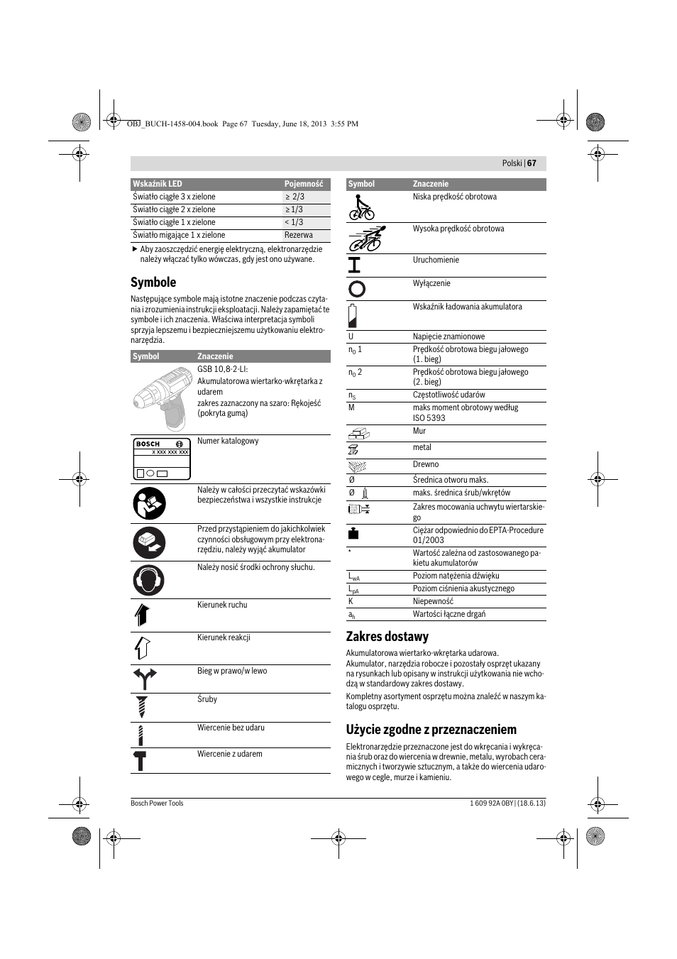 Symbole, Zakres dostawy, Użycie zgodne z przeznaczeniem | Bosch GSB 10,8-2-LI Professional User Manual | Page 67 / 157