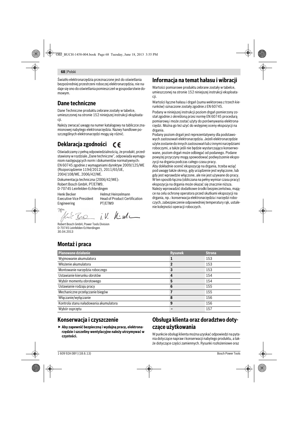 Dane techniczne, Deklaracja zgodności, Informacja na temat hałasu i wibracji | Montaż i praca konserwacja i czyszczenie | Bosch GSB 10,8-2-LI Professional User Manual | Page 68 / 157