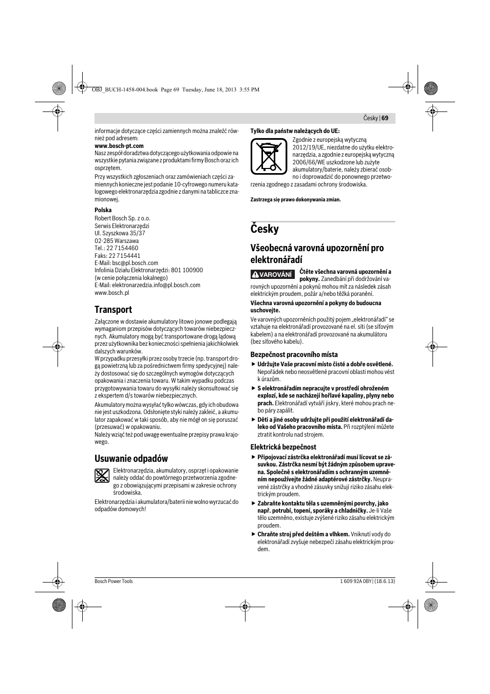 Česky, Transport, Usuwanie odpadów | Všeobecná varovná upozornění pro elektronářadí | Bosch GSB 10,8-2-LI Professional User Manual | Page 69 / 157