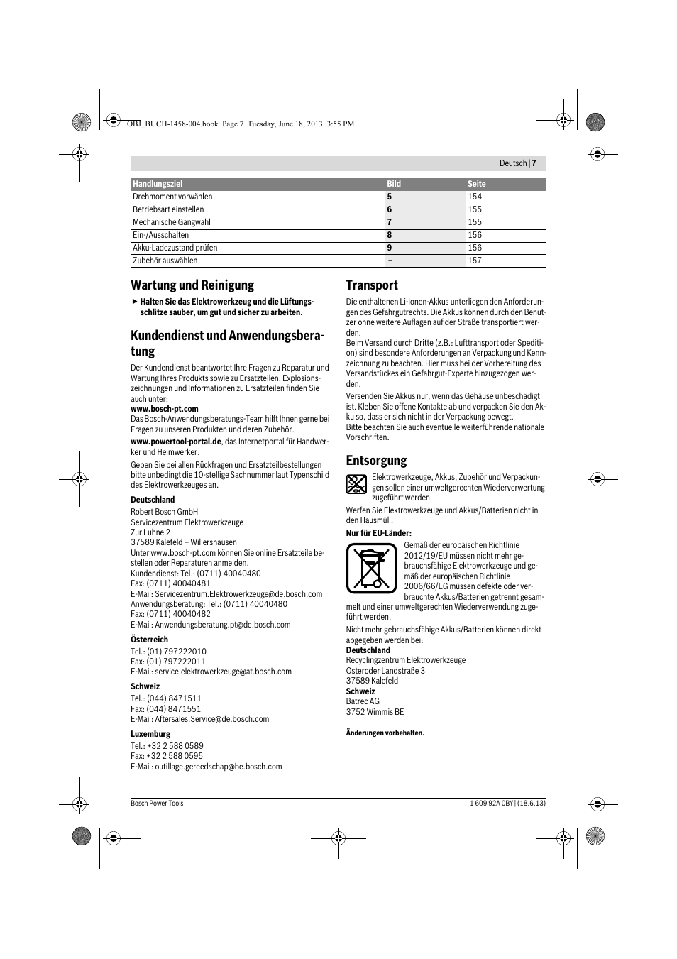 Wartung und reinigung, Kundendienst und anwendungsbera- tung, Transport | Entsorgung | Bosch GSB 10,8-2-LI Professional User Manual | Page 7 / 157