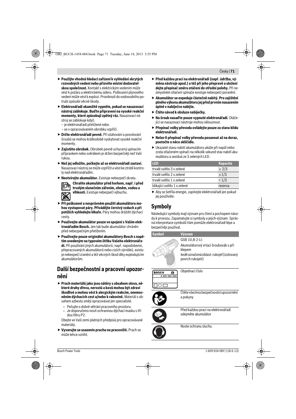 Další bezpečnostní a pracovní upozor- nění, Symboly | Bosch GSB 10,8-2-LI Professional User Manual | Page 71 / 157