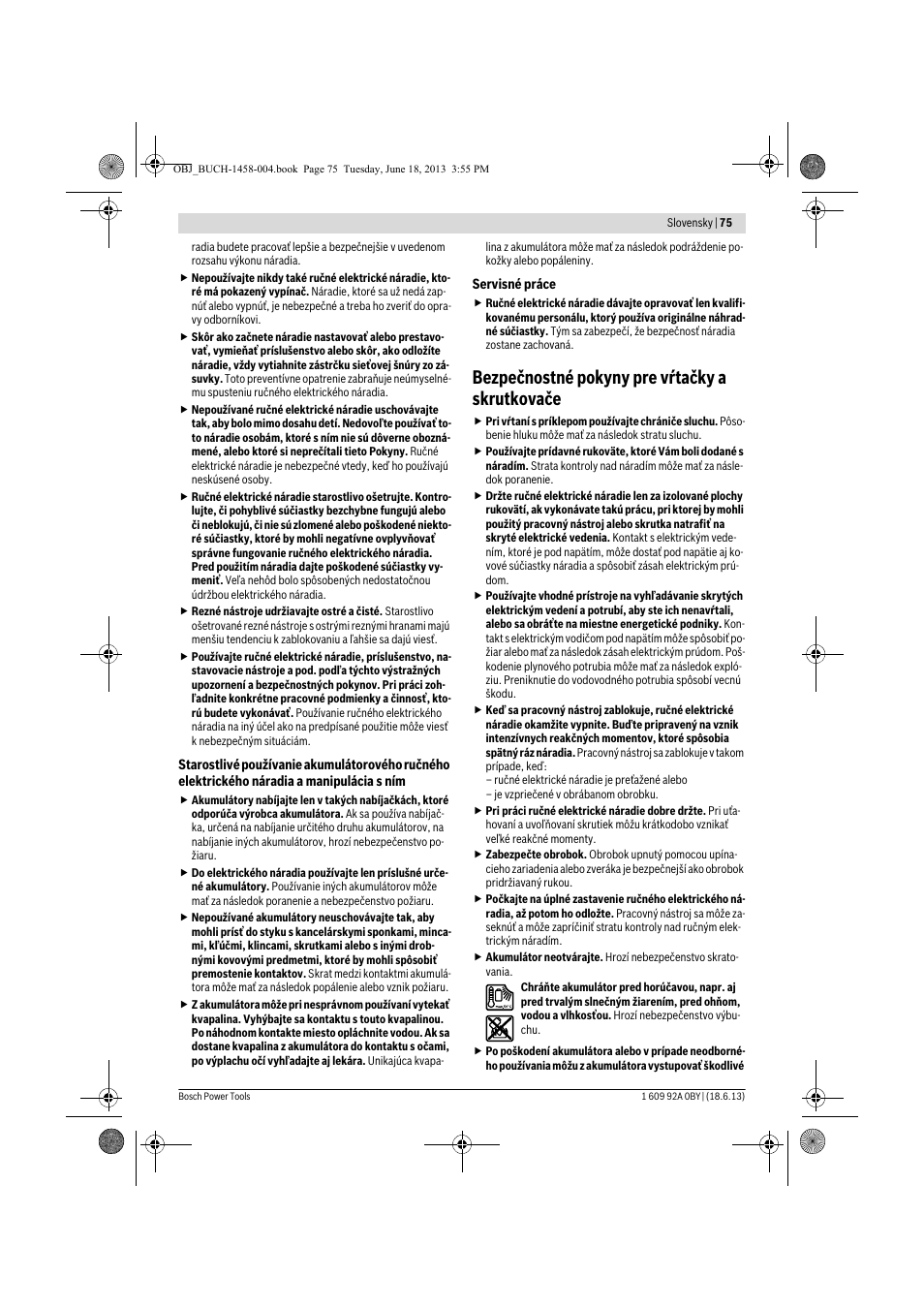 Bezpečnostné pokyny pre vŕtačky a skrutkovače | Bosch GSB 10,8-2-LI Professional User Manual | Page 75 / 157