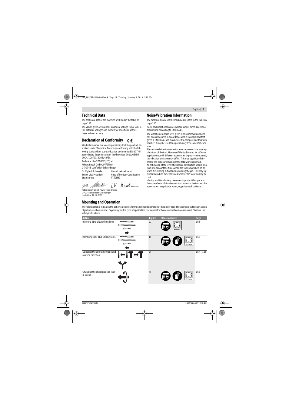 Technical data, Declaration of conformity, Noise/vibration information | Mounting and operation | Bosch GBH 2-20 D Professional User Manual | Page 11 / 158