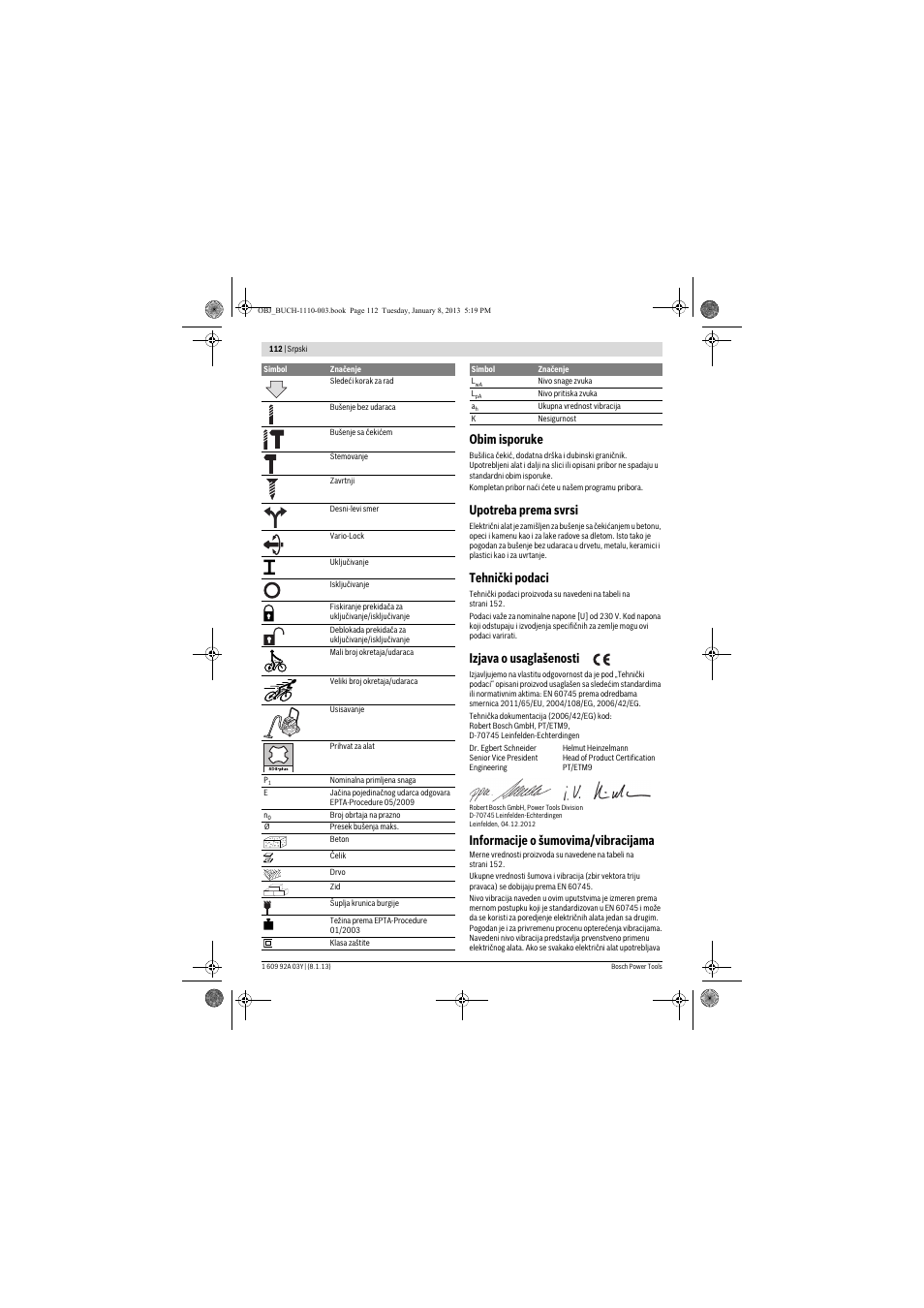 Obim isporuke, Upotreba prema svrsi, Tehnički podaci | Izjava o usaglašenosti, Informacije o šumovima/vibracijama | Bosch GBH 2-20 D Professional User Manual | Page 112 / 158