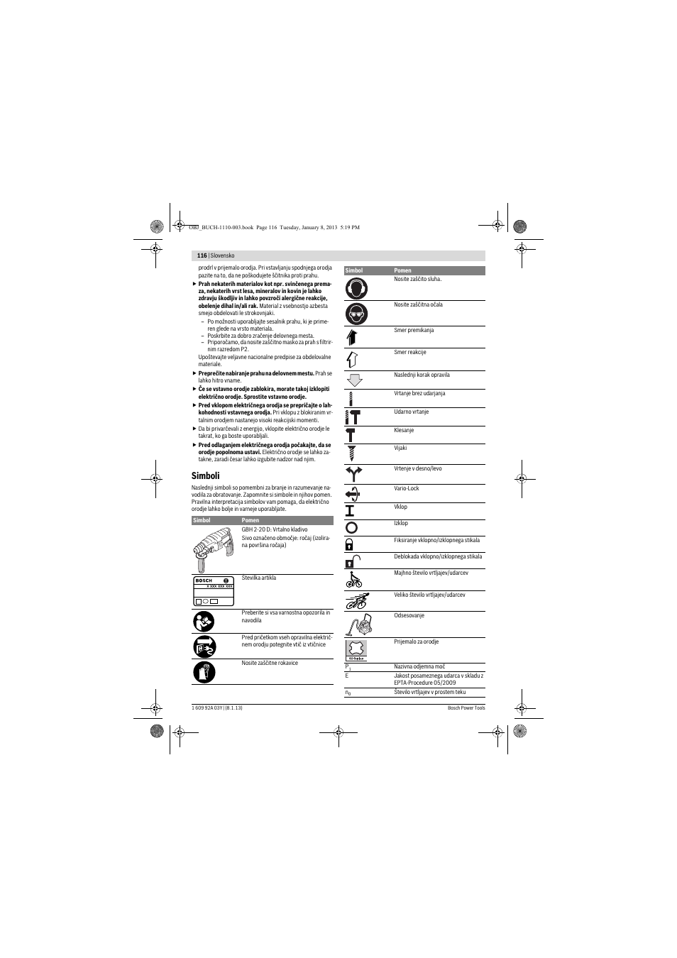 Simboli | Bosch GBH 2-20 D Professional User Manual | Page 116 / 158