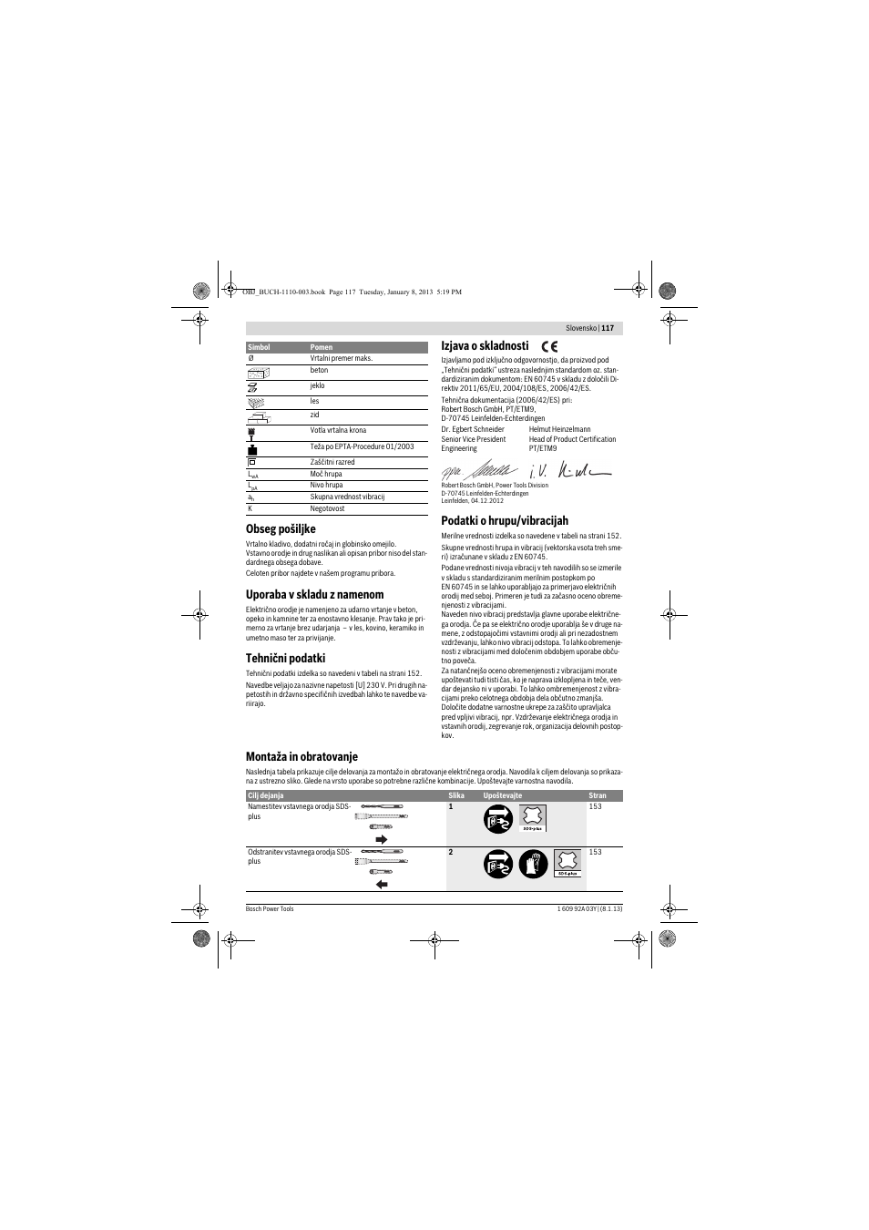 Obseg pošiljke, Uporaba v skladu z namenom, Tehnični podatki | Izjava o skladnosti, Podatki o hrupu/vibracijah, Montaža in obratovanje | Bosch GBH 2-20 D Professional User Manual | Page 117 / 158