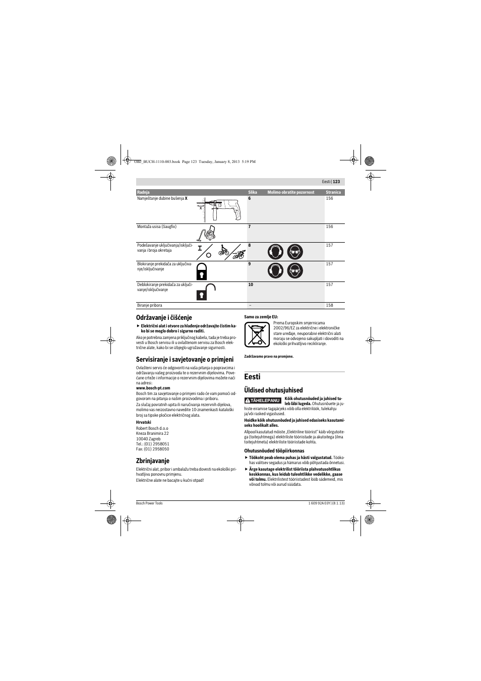 Eesti, Održavanje i čišćenje, Servisiranje i savjetovanje o primjeni | Zbrinjavanje, Üldised ohutusjuhised | Bosch GBH 2-20 D Professional User Manual | Page 123 / 158