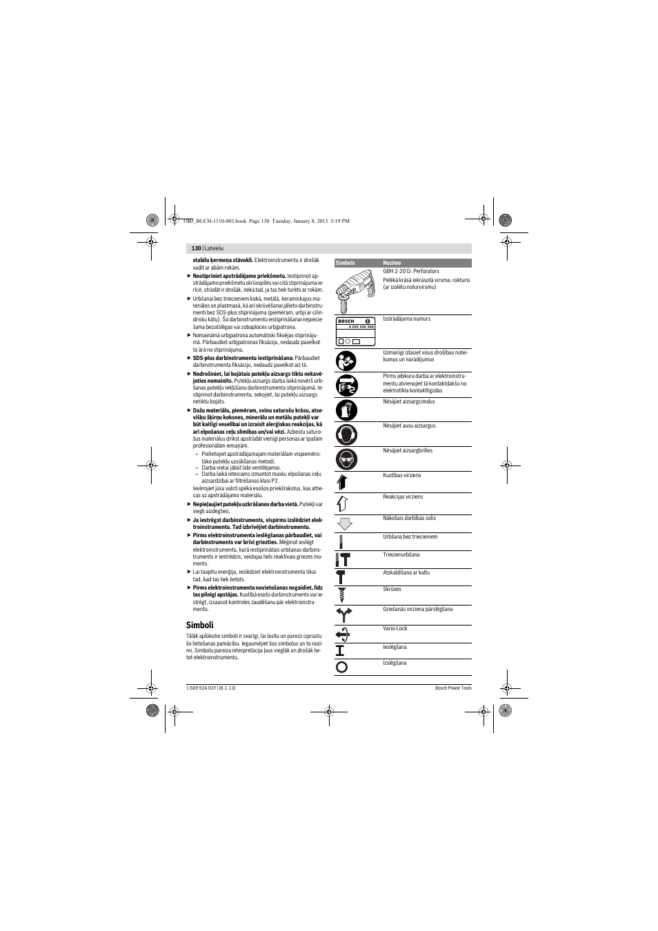 Simboli | Bosch GBH 2-20 D Professional User Manual | Page 130 / 158