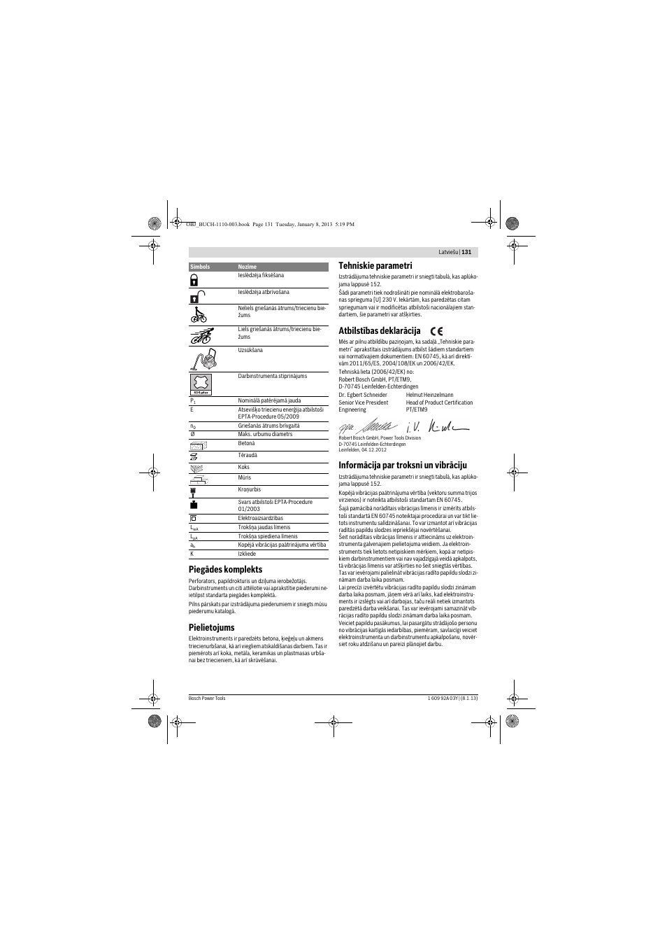 Piegādes komplekts, Pielietojums, Tehniskie parametri | Atbilstības deklarācija, Informācija par troksni un vibrāciju | Bosch GBH 2-20 D Professional User Manual | Page 131 / 158