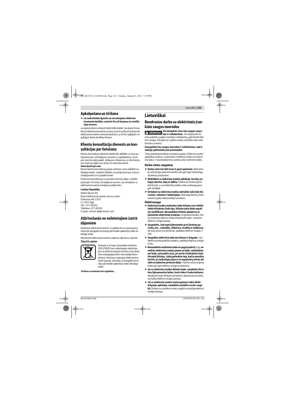 Lietuviškai, Apkalpošana un tīrīšana, Atbrīvošanās no nolietotajiem izstrā- dājumiem | Bosch GBH 2-20 D Professional User Manual | Page 133 / 158