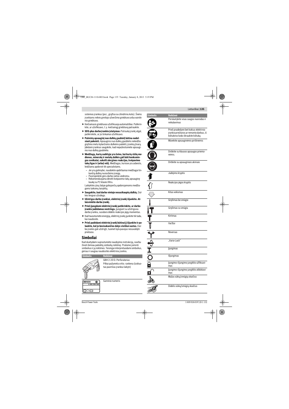 Simboliai | Bosch GBH 2-20 D Professional User Manual | Page 135 / 158