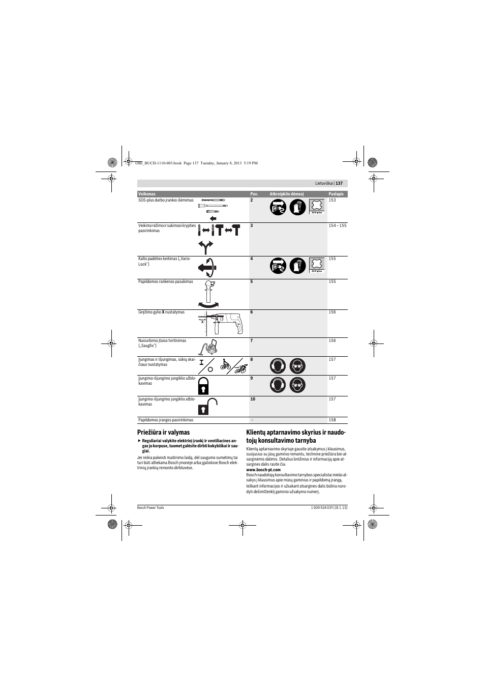 Priežiūra ir valymas | Bosch GBH 2-20 D Professional User Manual | Page 137 / 158