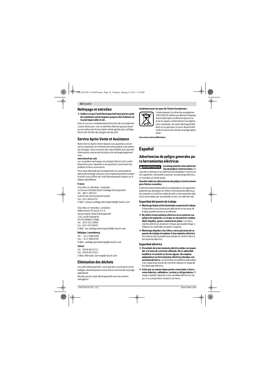 Español, Nettoyage et entretien, Service après-vente et assistance | Elimination des déchets | Bosch GBH 2-20 D Professional User Manual | Page 18 / 158