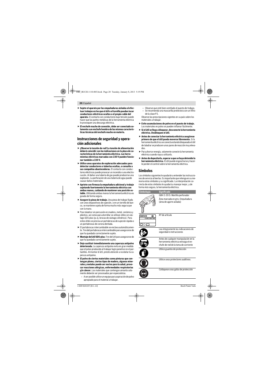 Símbolos | Bosch GBH 2-20 D Professional User Manual | Page 20 / 158