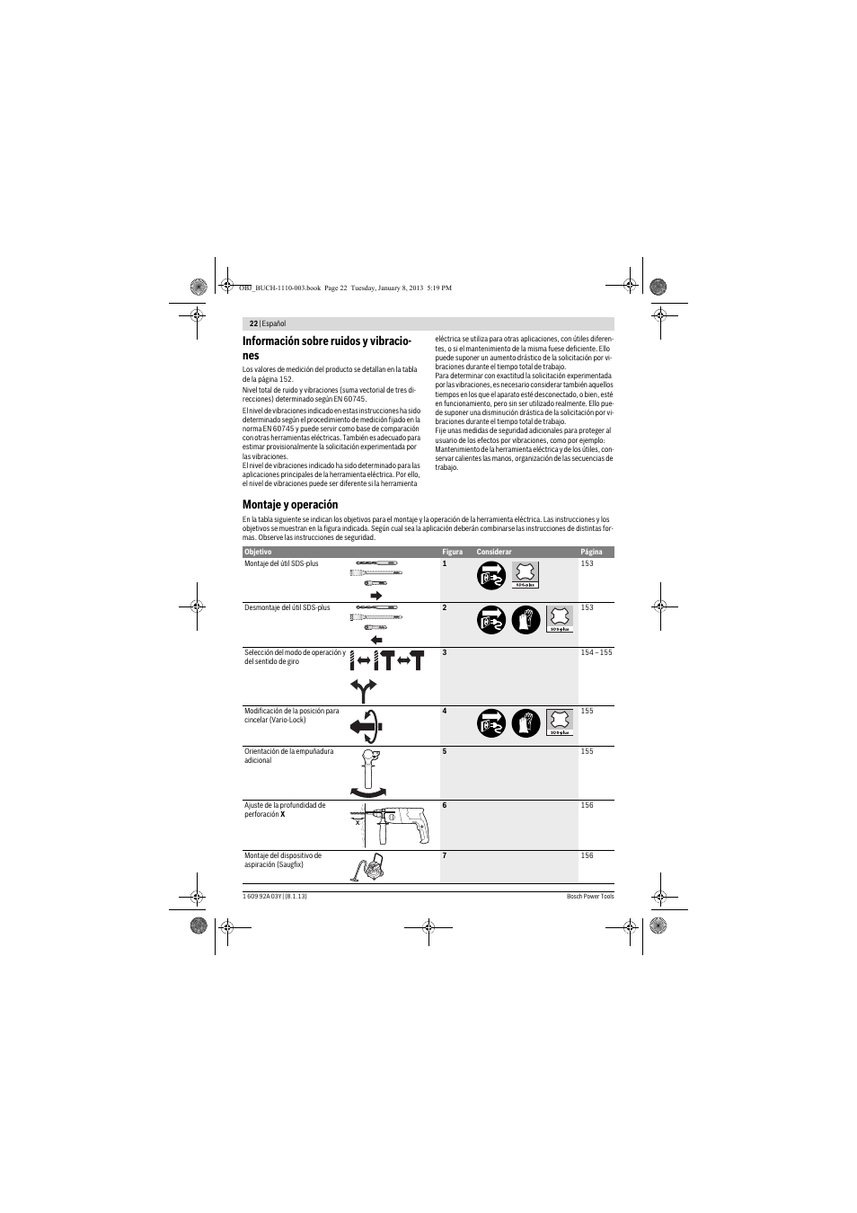 Información sobre ruidos y vibracio- nes, Montaje y operación | Bosch GBH 2-20 D Professional User Manual | Page 22 / 158