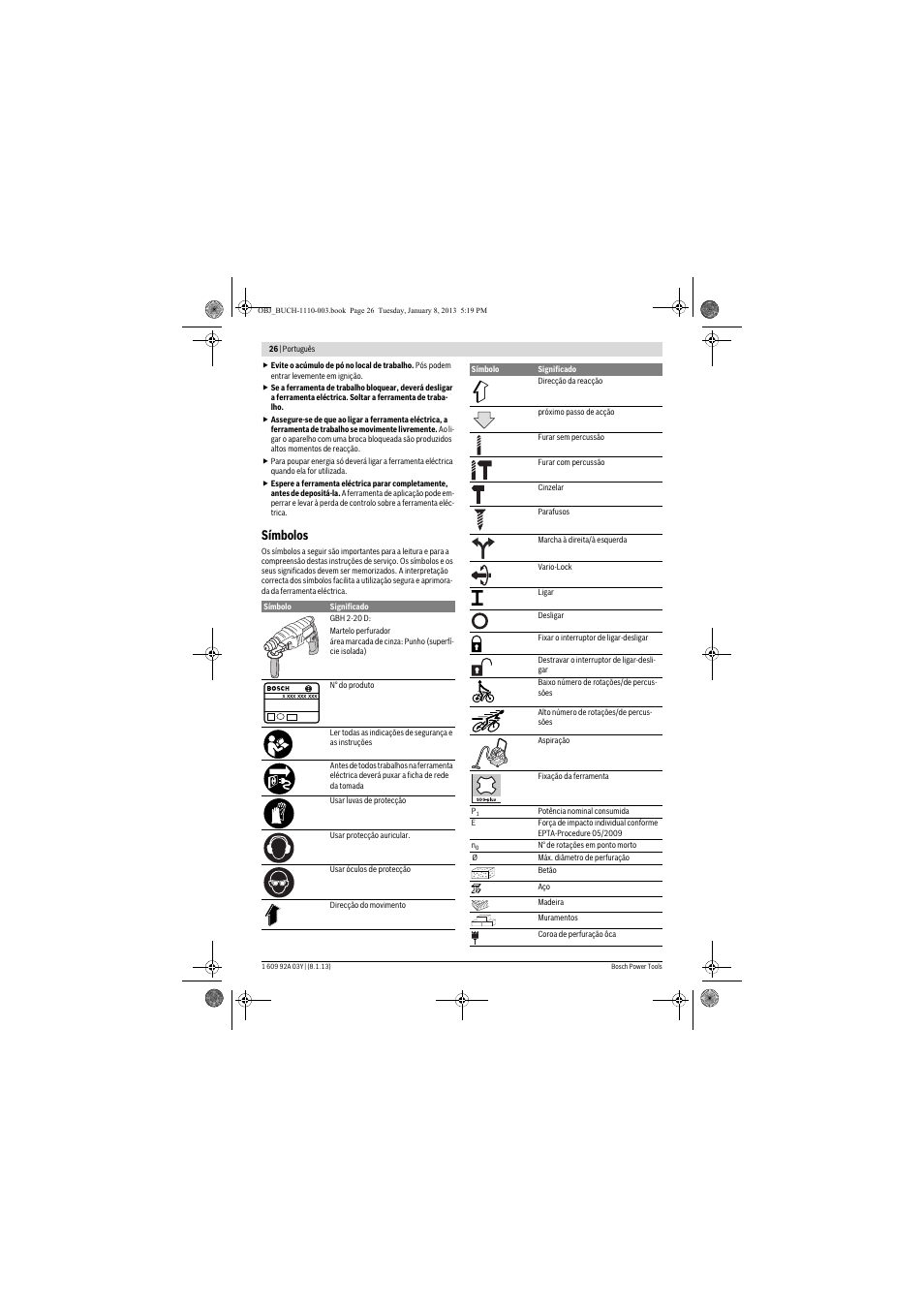 Símbolos | Bosch GBH 2-20 D Professional User Manual | Page 26 / 158