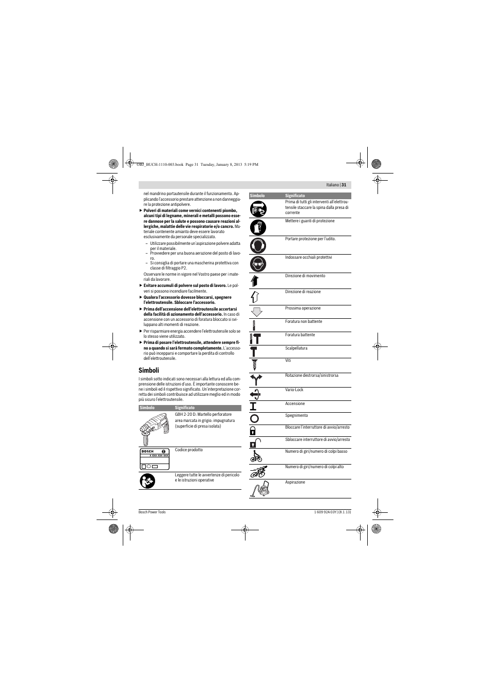 Simboli | Bosch GBH 2-20 D Professional User Manual | Page 31 / 158