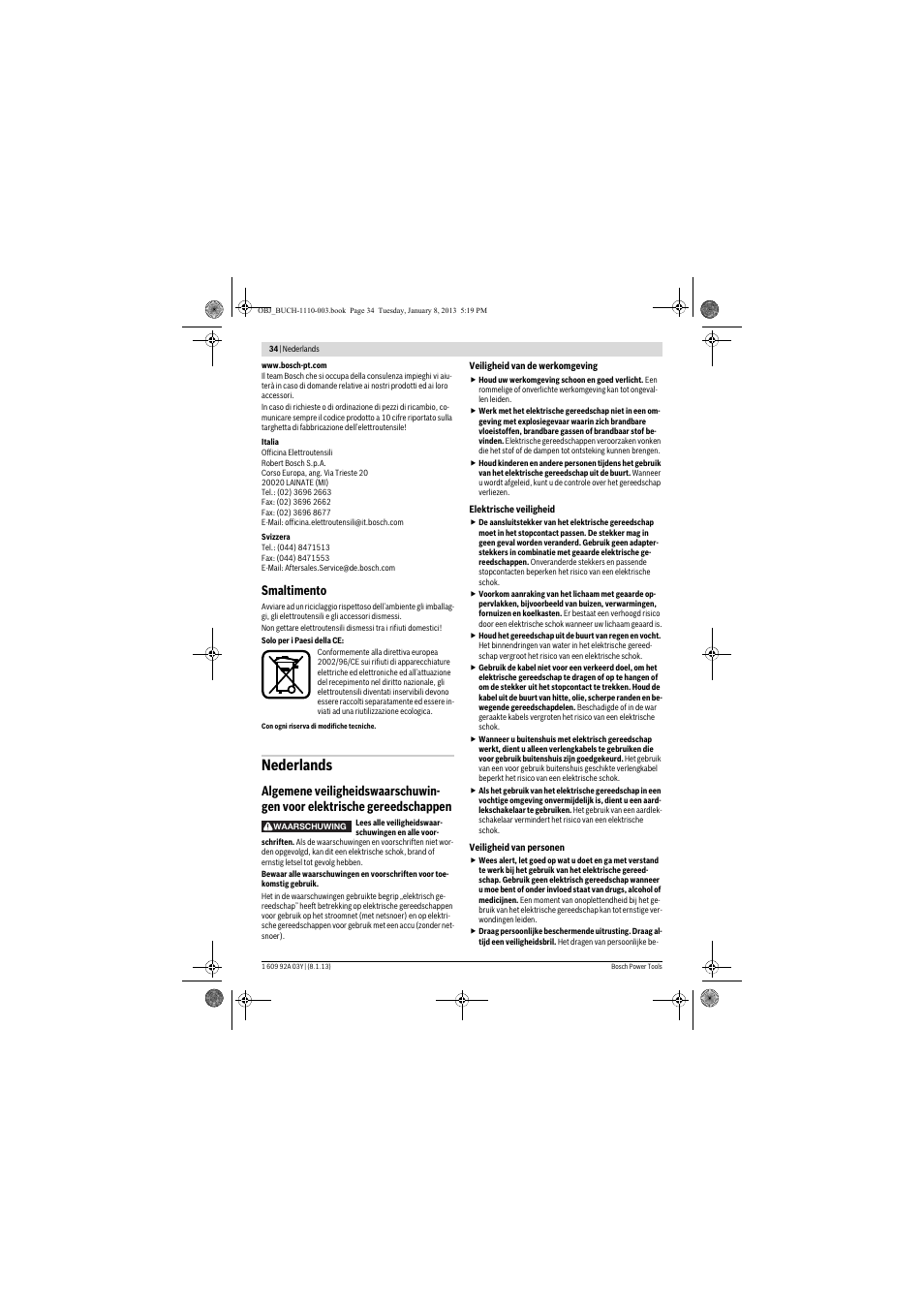 Nederlands, Smaltimento | Bosch GBH 2-20 D Professional User Manual | Page 34 / 158