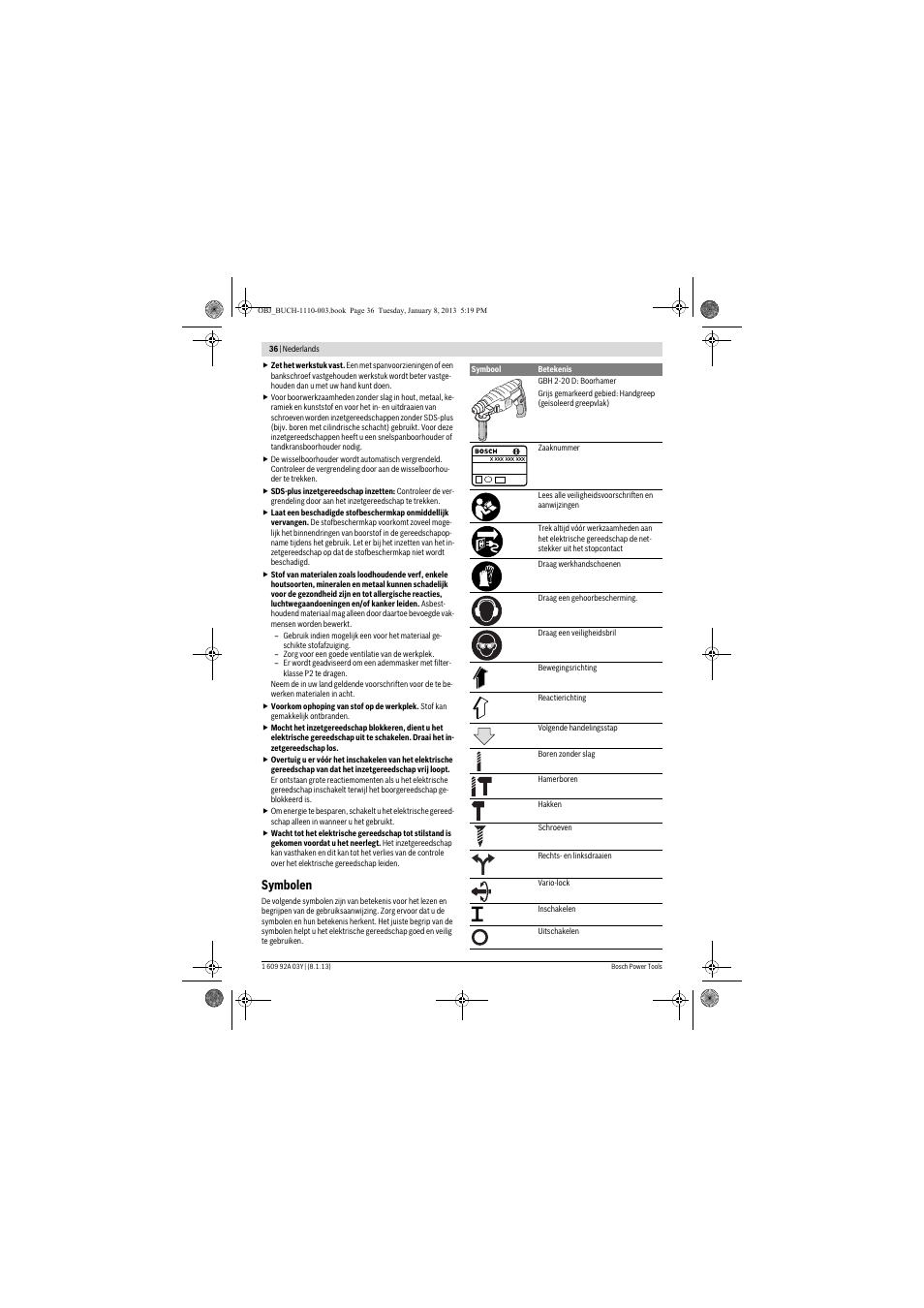 Symbolen | Bosch GBH 2-20 D Professional User Manual | Page 36 / 158