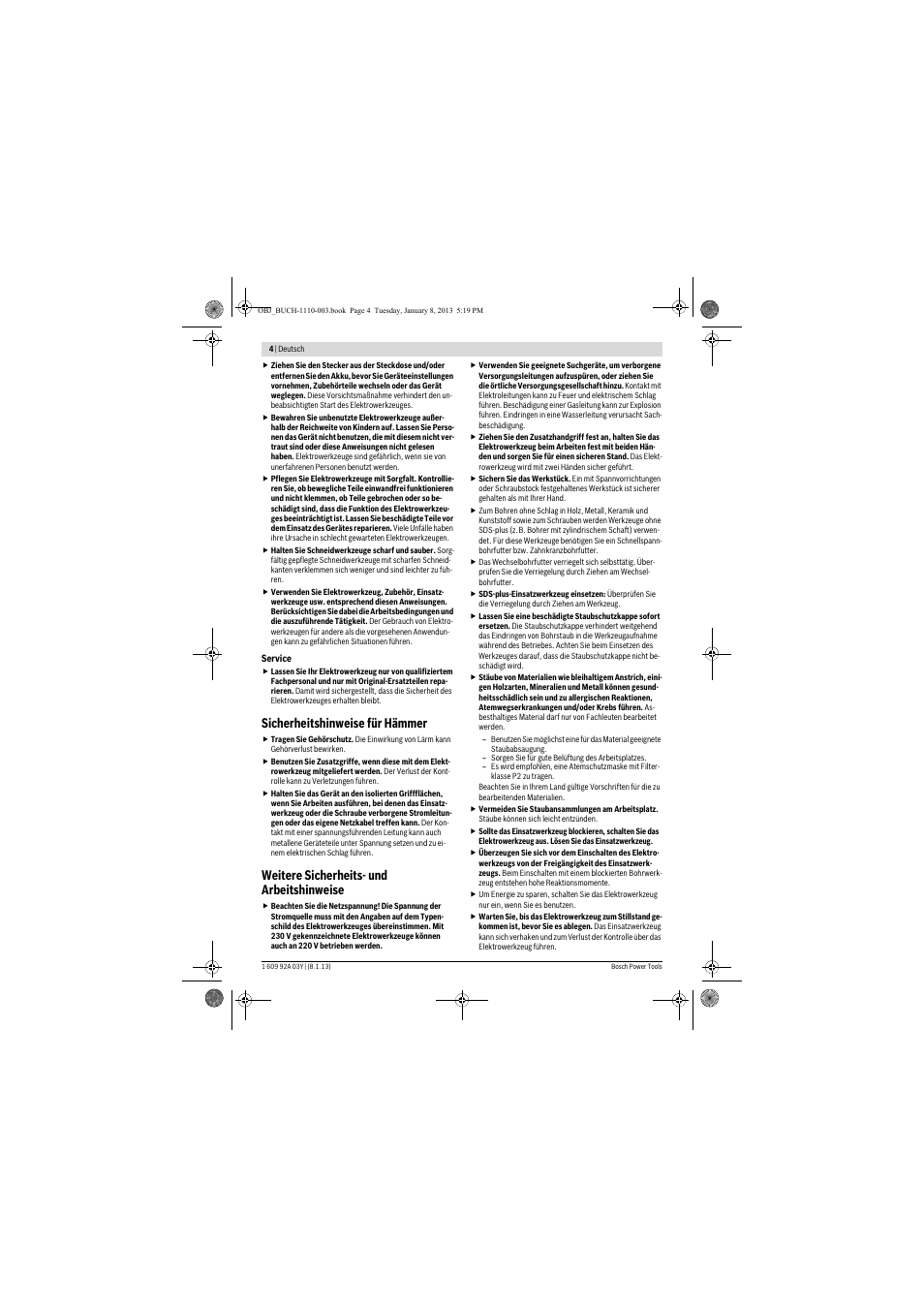 Sicherheitshinweise für hämmer, Weitere sicherheits- und arbeitshinweise | Bosch GBH 2-20 D Professional User Manual | Page 4 / 158