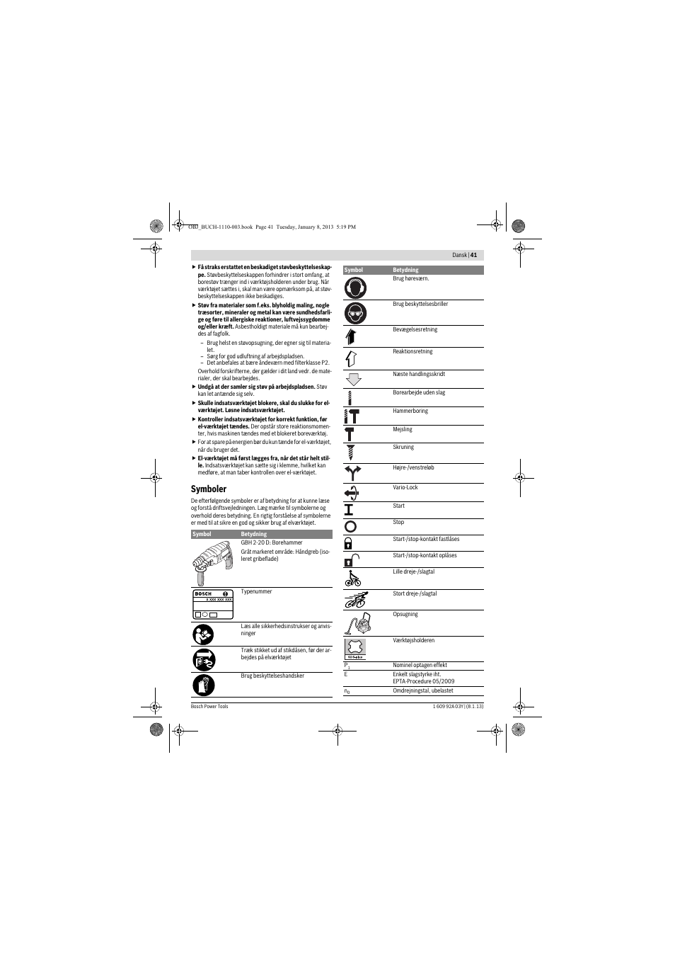 Symboler | Bosch GBH 2-20 D Professional User Manual | Page 41 / 158