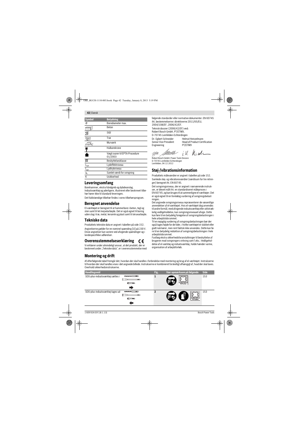 Leveringsomfang, Beregnet anvendelse, Tekniske data | Overensstemmelseserklæring, Støj-/vibrationsinformation, Montering og drift | Bosch GBH 2-20 D Professional User Manual | Page 42 / 158