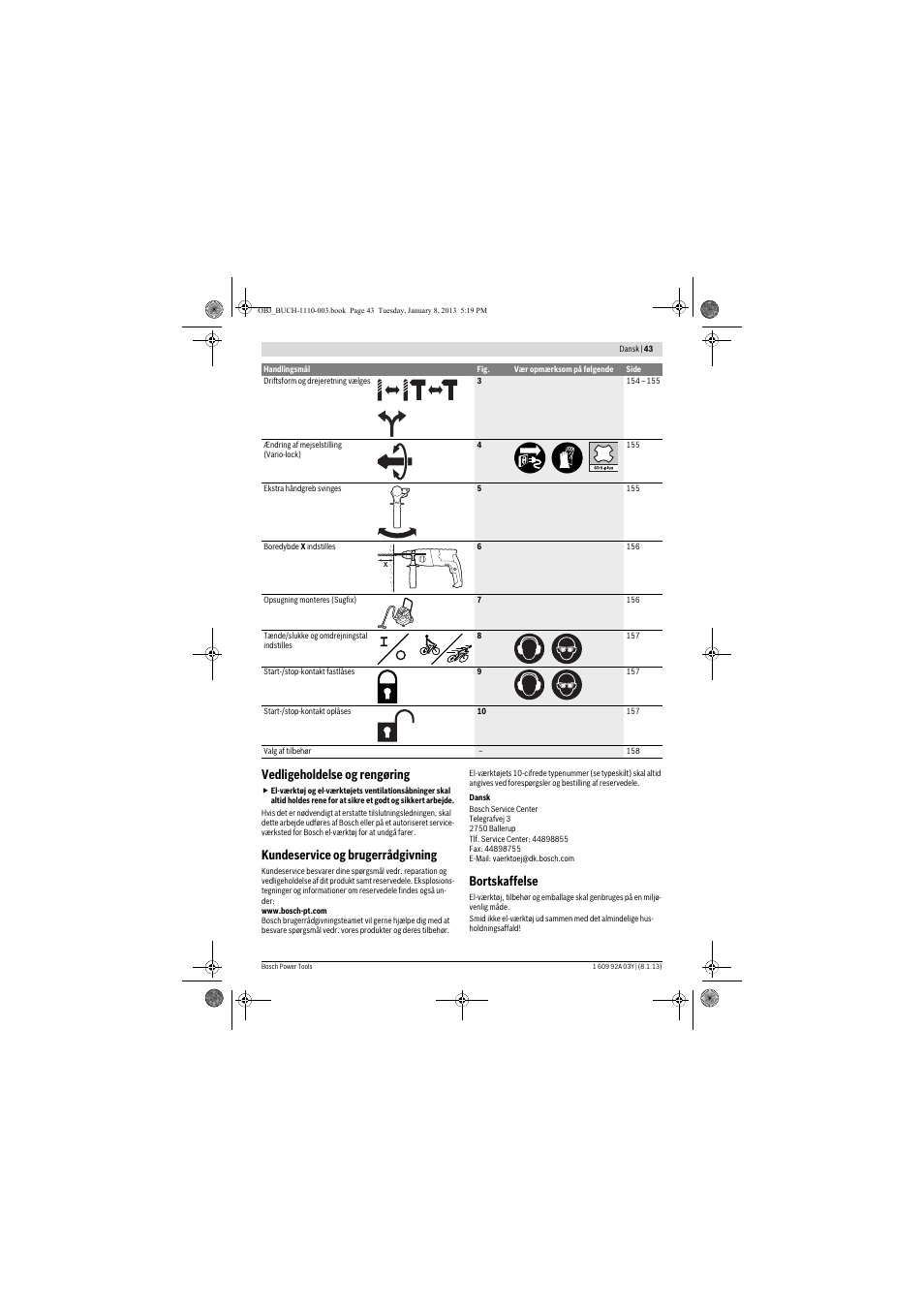 Vedligeholdelse og rengøring, Kundeservice og brugerrådgivning, Bortskaffelse | Bosch GBH 2-20 D Professional User Manual | Page 43 / 158