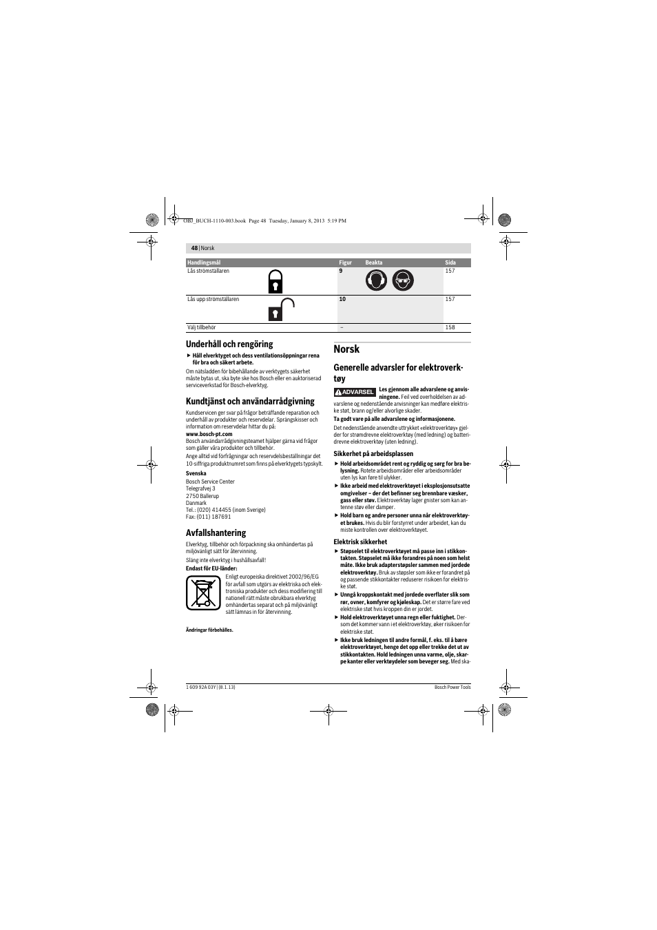 Norsk, Underhåll och rengöring, Kundtjänst och användarrådgivning | Avfallshantering, Generelle advarsler for elektroverk- tøy | Bosch GBH 2-20 D Professional User Manual | Page 48 / 158