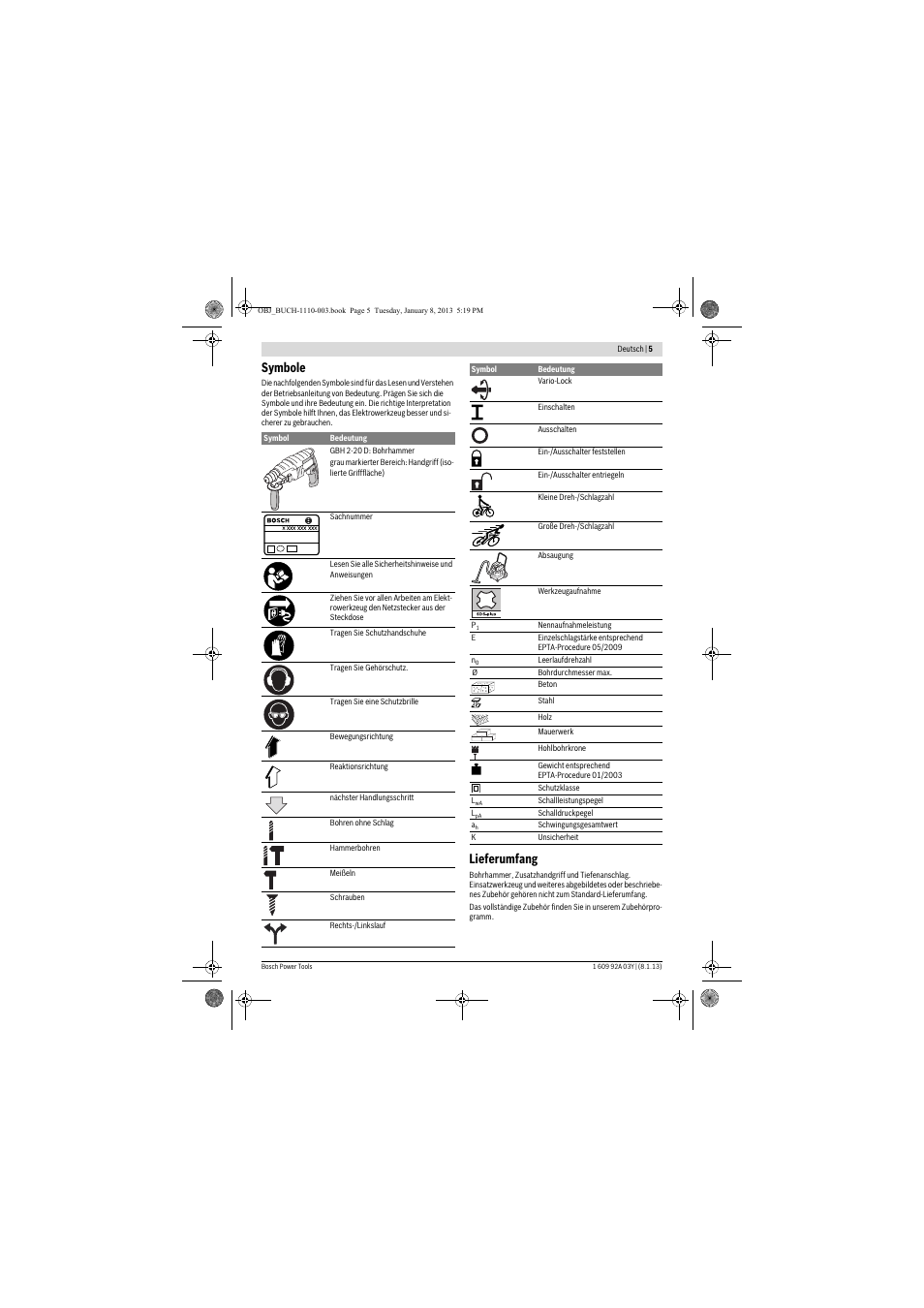 Symbole, Lieferumfang | Bosch GBH 2-20 D Professional User Manual | Page 5 / 158