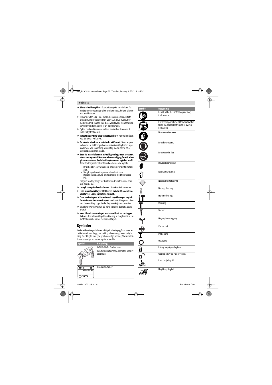 Symboler | Bosch GBH 2-20 D Professional User Manual | Page 50 / 158