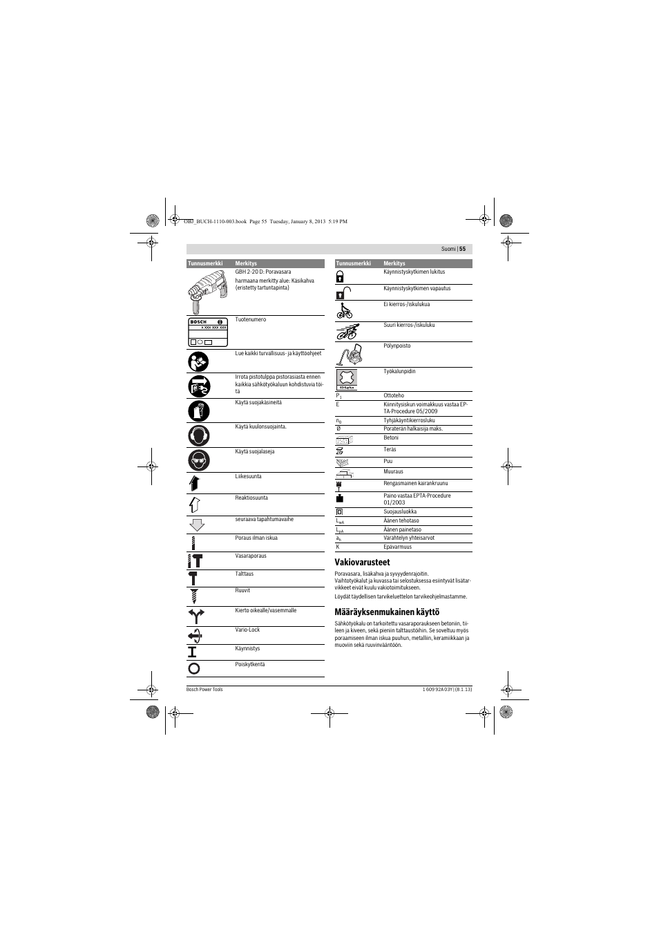 Vakiovarusteet, Määräyksenmukainen käyttö | Bosch GBH 2-20 D Professional User Manual | Page 55 / 158