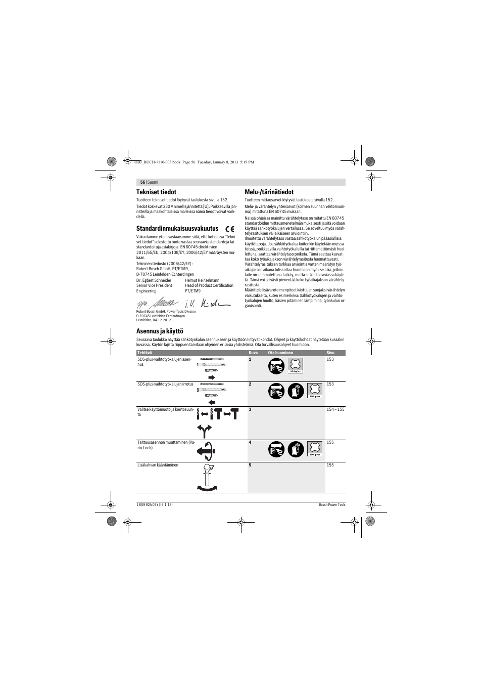 Tekniset tiedot, Standardinmukaisuusvakuutus, Melu-/tärinätiedot | Asennus ja käyttö | Bosch GBH 2-20 D Professional User Manual | Page 56 / 158