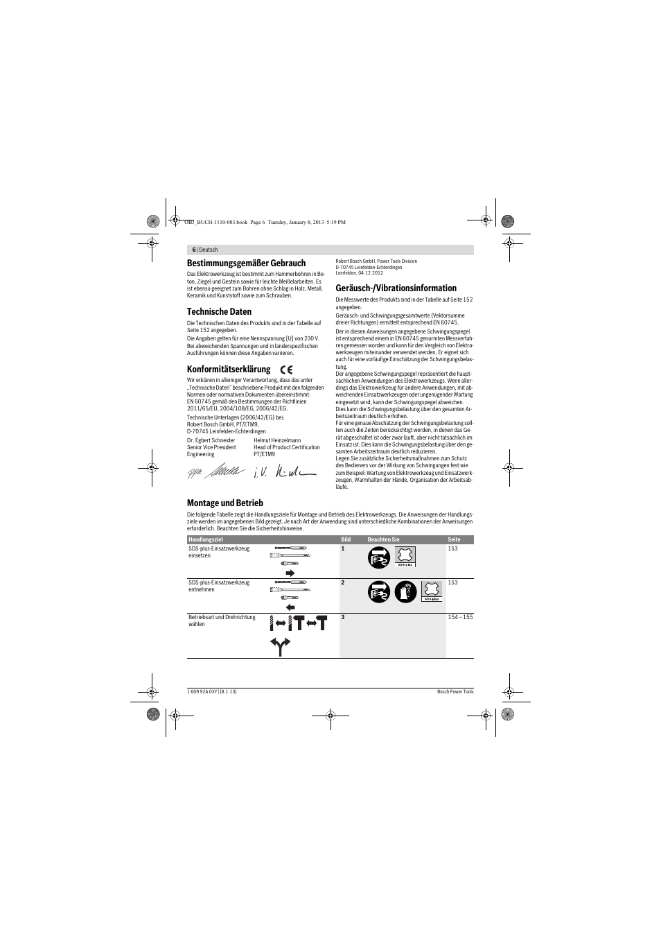 Bestimmungsgemäßer gebrauch, Technische daten, Konformitätserklärung | Geräusch-/vibrationsinformation, Montage und betrieb | Bosch GBH 2-20 D Professional User Manual | Page 6 / 158