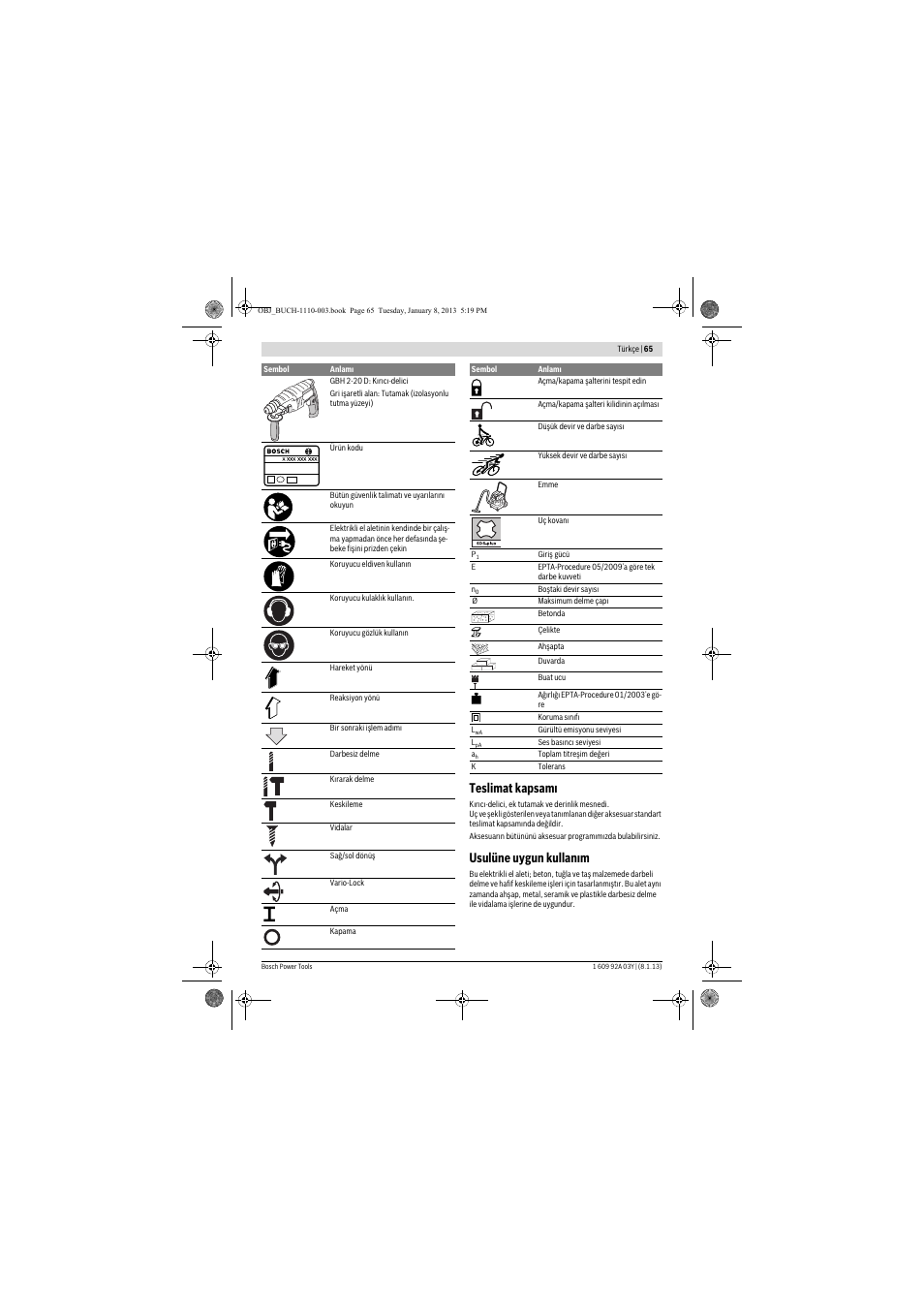 Teslimat kapsamı, Usulüne uygun kullanım | Bosch GBH 2-20 D Professional User Manual | Page 65 / 158