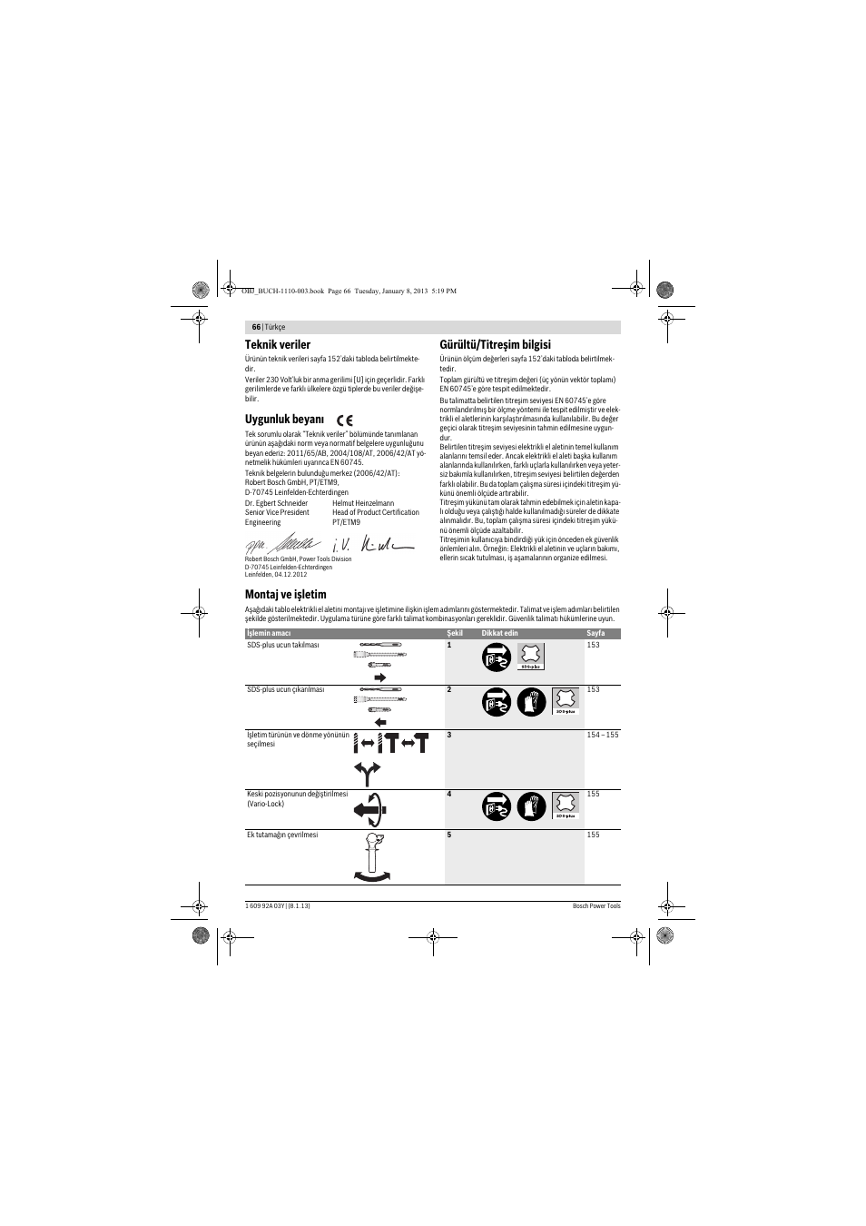 Teknik veriler, Uygunluk beyanı, Gürültü/titreşim bilgisi | Montaj ve işletim | Bosch GBH 2-20 D Professional User Manual | Page 66 / 158