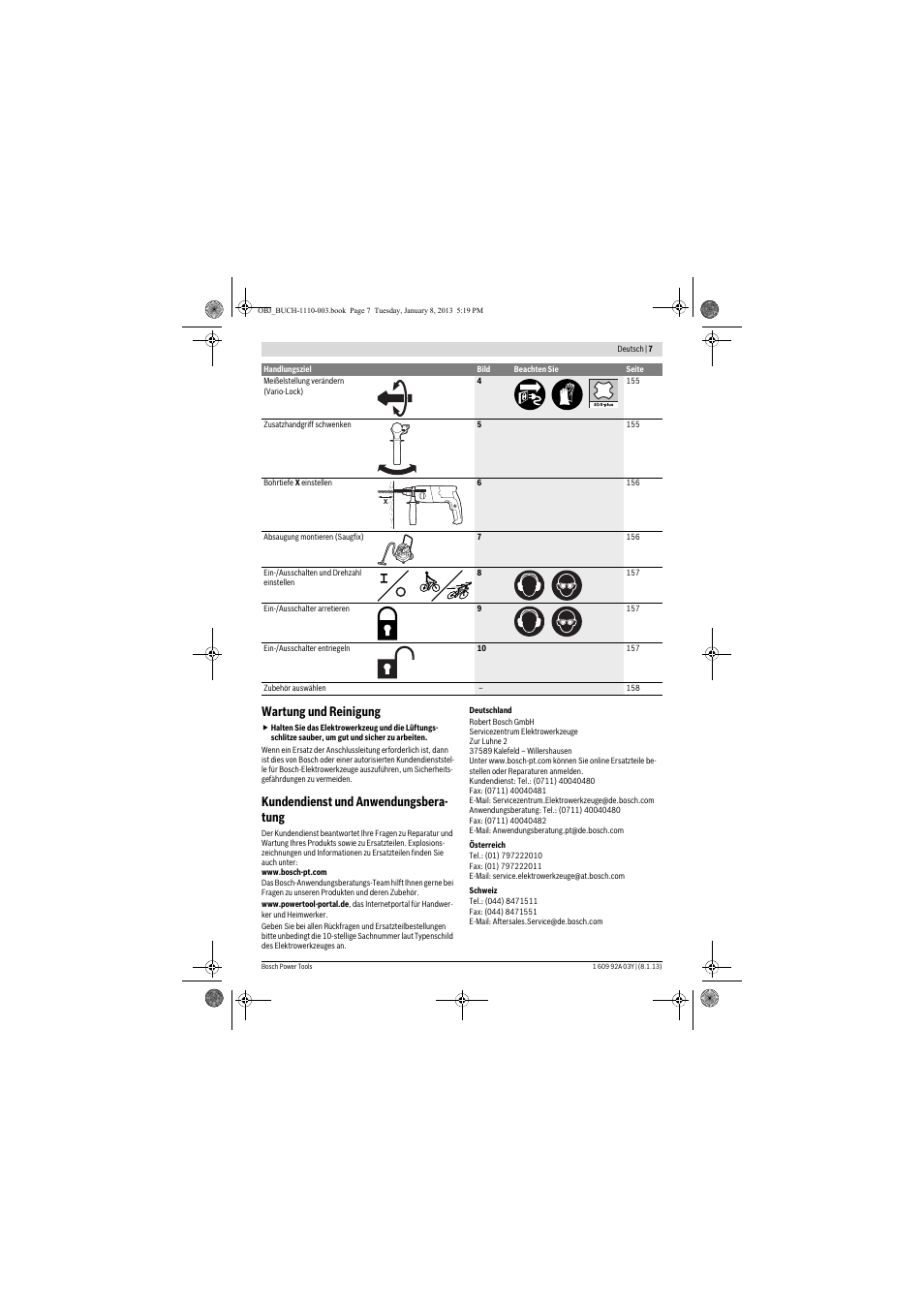 Wartung und reinigung, Kundendienst und anwendungsbera- tung | Bosch GBH 2-20 D Professional User Manual | Page 7 / 158