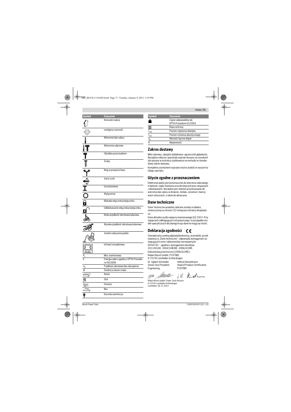 Zakres dostawy, Użycie zgodne z przeznaczeniem, Dane techniczne | Deklaracja zgodności | Bosch GBH 2-20 D Professional User Manual | Page 71 / 158